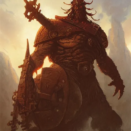 Image similar to head and shoulders portrait of an armored fire giant, d & d, fantasy, greg rutkowski, frank frazetta, alexandre chaudret, boris vallejo, michael whelan, miro petrov, magali villeneuve, donato giancola