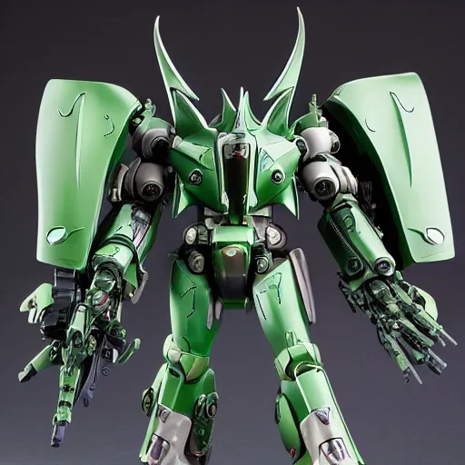 Image similar to futuristic green devil themed mecha satanic body, sepal helmet, demonic mecha, rococo, sci - fi movie, floral details, 8 k hd resolution, sazabi, barbatos mobile suit, bandai box art, star wars, makoto kobayashi, frank gehry, raymond swanland