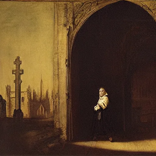 Prompt: a priest wearing medieval clothes in front of a huge gothic temple by rembrandt van rijn