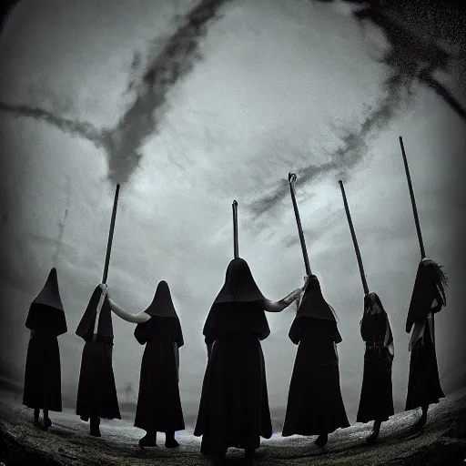 Image similar to a coven of witches, looking and pointing!!!!! at the camera, fisheye!!!!! lens photography, lens distortion, chromatic aberration!!!!!, cgsociety contest winner, best on artstation, photorealistic photography, grim lighting, foreboding atmosphere, dark, nighttime, 4 k, 8 k