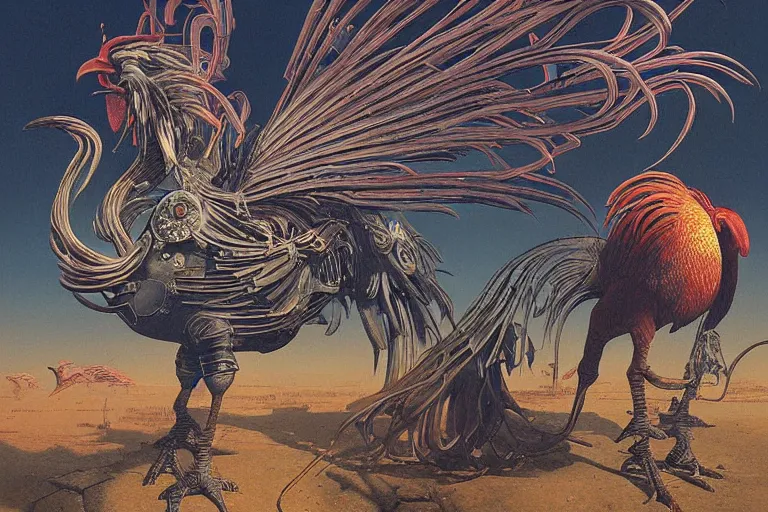 Image similar to digital painting of an ominous mechanical rooster, by wayne barlowe and bob pepper, highly detailed, intricate, dieselpunk, retrofuturism