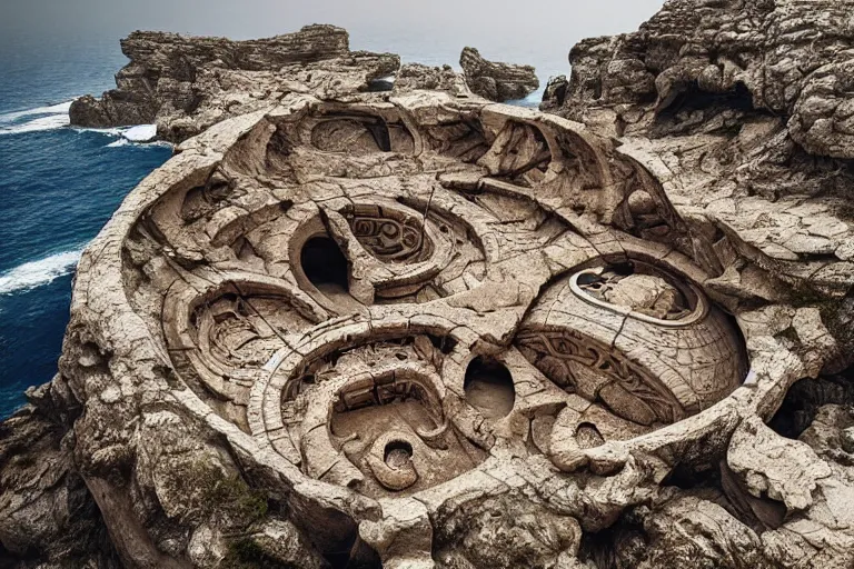 Image similar to a gigantic paleolothic torus made of stone with highly detailed carvings of intricate shamanic robotic electronics and circuitry, in a mediterranean lanscape, inside a valley overlooking the sea, in the style of michal karcz