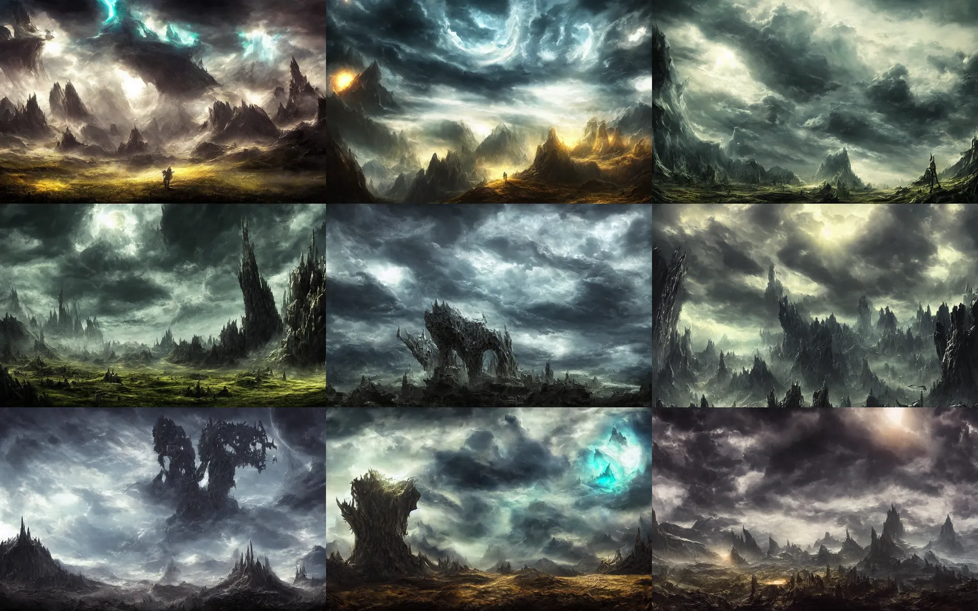 Prompt: an awesome fantasy, sci - fi landscape, daylight, clouds in the background, dramatic sky