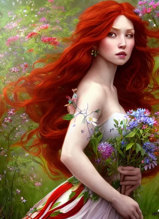 Image similar to a beautiful red haired woman as a fairy princess in a garden holding a bouquet of wild flowers, deep focus, d & d, fantasy, intricate, elegant, highly detailed, digital painting, artstation, concept art, matte, sharp focus, illustration, hearthstone, art by artgerm and greg rutkowski and alphonse mucha