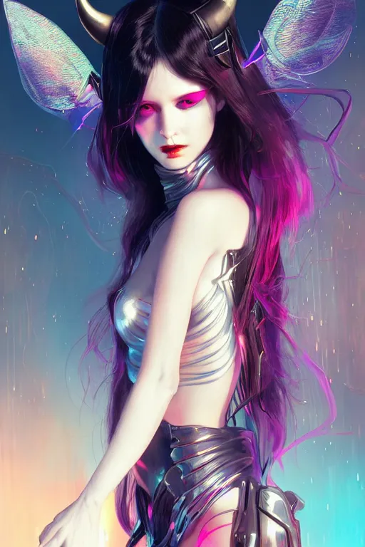 Image similar to portrait futuristic Devil Girl with horns and wings, in future cyberpunk tokyo rooftop , ssci-fi, fantasy, intricate, very very beautiful, elegant, human anatomy, neon light, highly detailed, digital painting, artstation, concept art, smooth, sharp focus, illustration, art by tian zi and WLOP and alphonse mucha