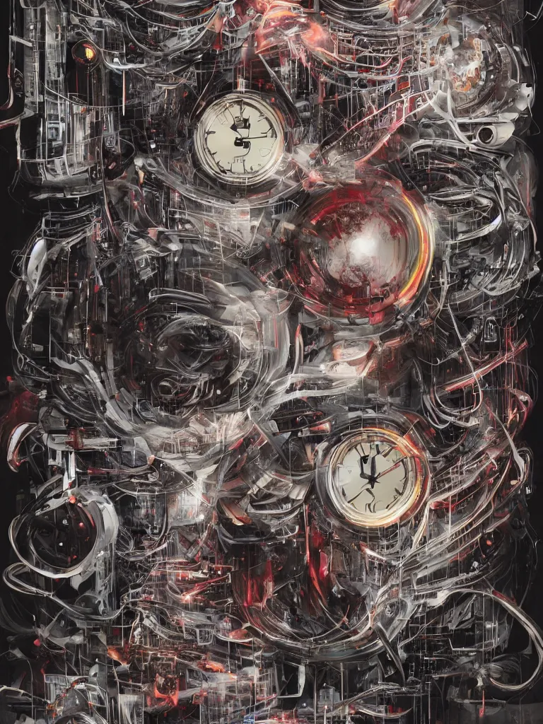 Image similar to portrait of computer & circuits, melting, tourbillon clocks, 8 k, by tristan eaton, stanley artgermm, tom bagshaw, greg rutkowski, carne griffiths, ayami kojima, beksinski, giger, trending on deviantart, face enhance, hyper detailed, minimalist, cybernetic, android, blade runner, full of colour, super detailed