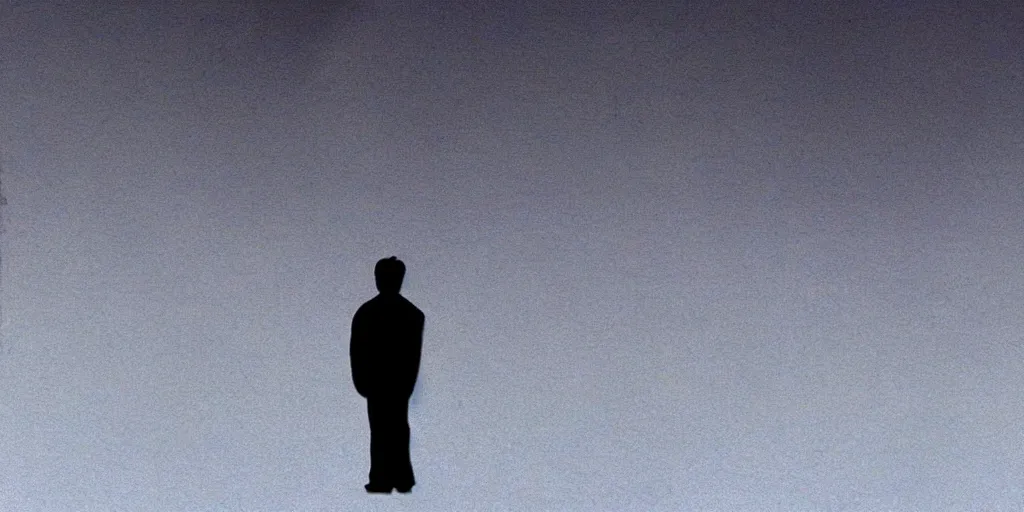 Prompt: kim jong - il silhouette, pyongyang, fog, in the style of ghost in the shell by mamoru oshii