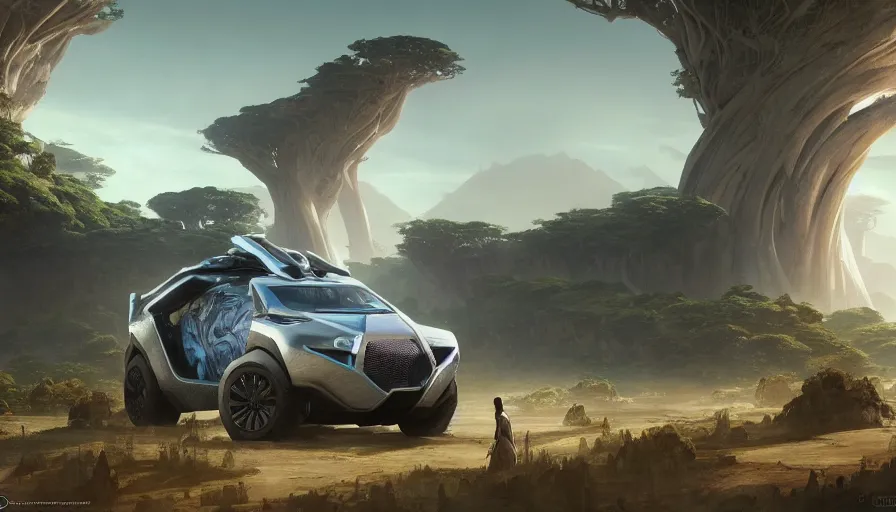 Prompt: a futuristic suv designed by ford driving through madagascar with baobabs trees, artgerm and greg rutkowski and alphonse mucha, an epic fantasy, volumetric light, detailed, establishing shot, an epic fantasy, trending on art station, octane render, midsommar