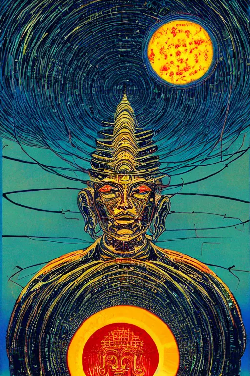 Prompt: a painting of a blazing geometric sun above a techno buddha, detailed, 4 k, by stanley donwood philippe druillet and victo ngai,