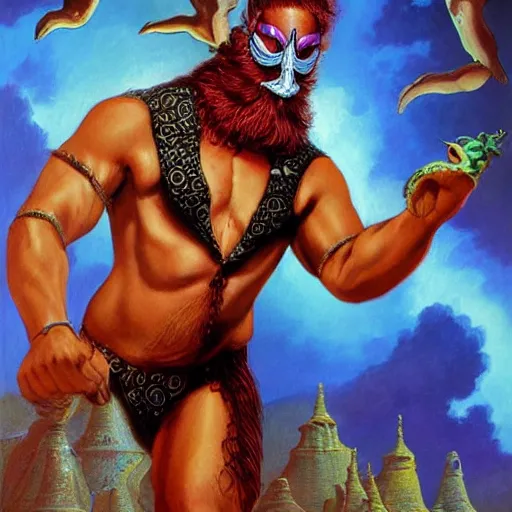 Prompt: a red bearded man wearing a purple luchadore mask and tuxedo, highly detailed, masterpiece, fantasy, pulp, illustrated, art by boris vallejo