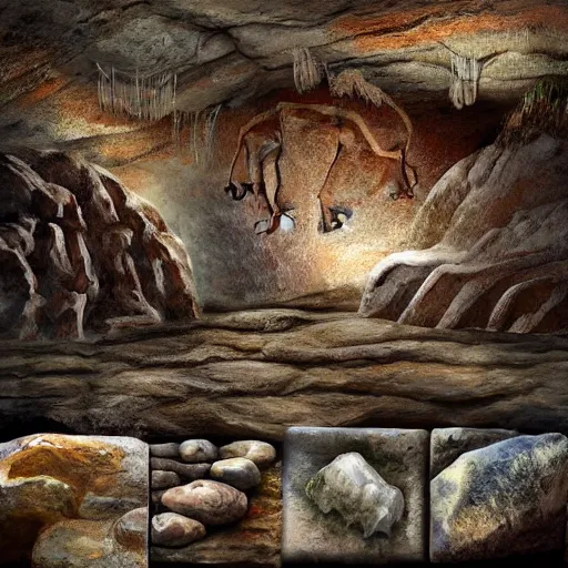 Image similar to realistic prehistoric cave drawings, cave, high quality, rocks, paint