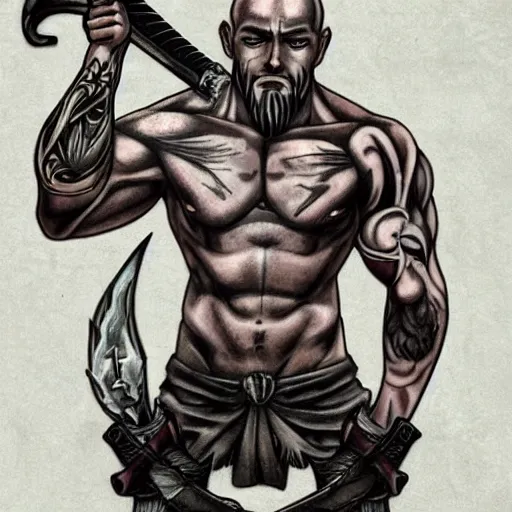 Image similar to muscular bald man, tattooed body, sword in hands, HD, anime style,