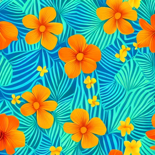 Prompt: Vector illustration of tropical flowers with multiple cohesive colors ranging from warms blues to bright oranges on a dark background, 4K resolution, digital art