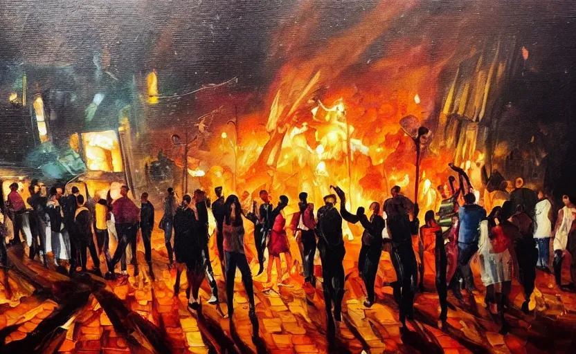 Image similar to an oil painting of people partying in the night while buildings burn behind them