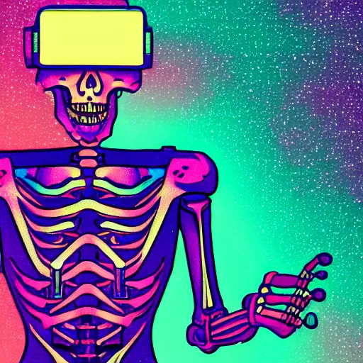 Prompt: a skeleton in cyberspace, his hands behind his back, laughing, detailed, outrun, synthwave, vaporwave, complimenting color scheme