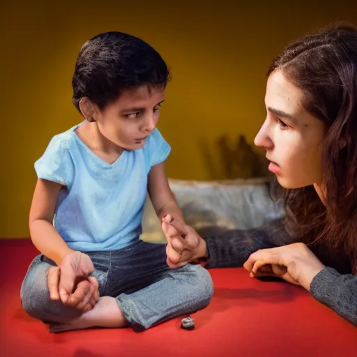 Prompt: a 4K photograph, cinematic lighting, award winning photo of a kid explaining to his mom why socialism is a good thing, socialist style photo