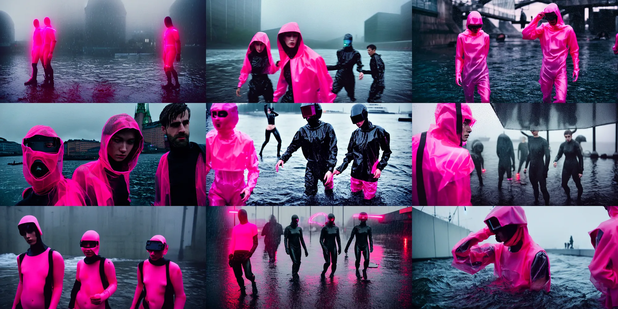 Prompt: cinestill hasselblad 8 5 mm, f / 1. 2, motion blur, candid photographic portrait by robert capas of 2 cyborgs wearing rugged neon pink mesh techwear in treacherous waters, stockholm, modern cyberpunk moody depressing cinematic, pouring rain, ultra realistic faces, ex machina