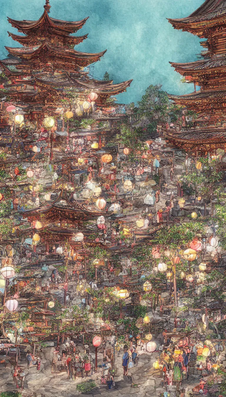 Image similar to digital painting of a pagoda, people drinking tea and paper lanterns, very detailed