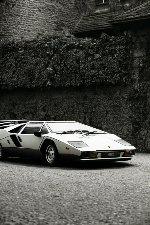 Image similar to Medium Format Portrait Photo of a Lamborghini Countach LP5000 QV parked on a dock in Lake Como, sunny, award winning, highly detailed, depth of field, Cinestill 800t, wide shot, photo print.