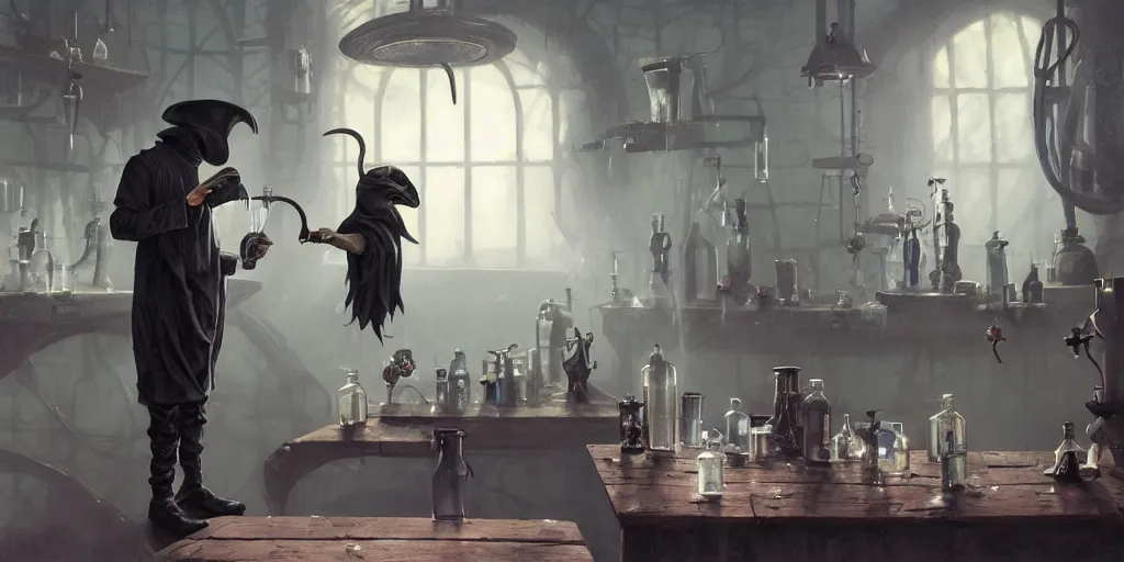 Image similar to a plague doctor and a humanoid rat in a laboratory with lots of flasks filled with magic liquids and poisonous fog, stephen bliss, unreal engine, fantasy art by greg rutkowski, loish, rhads, ferdinand knab, ilya kuvshinov, rossdraws, tom bagshaw, global illumination, radiant soft light, detailed and intricate environment