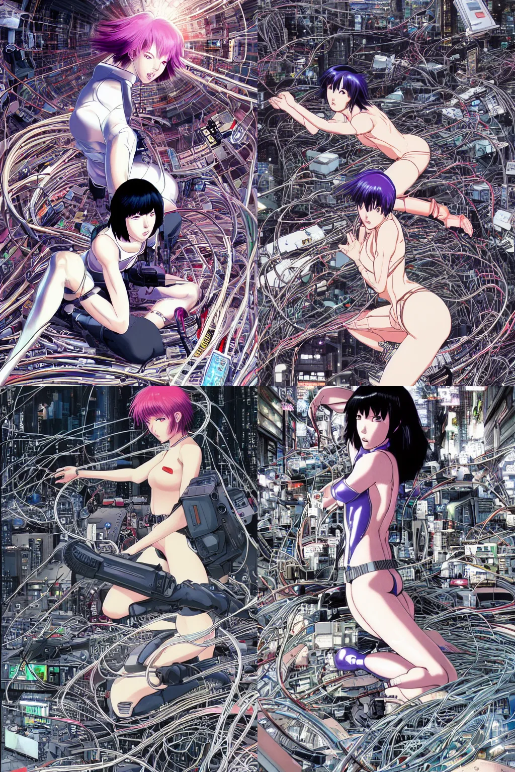 Prompt: coherent motoko kusanagi kneeling on a white in style of Yukito Kishiro, empty floor, with a mess of wires and cables coming out of her head and backside, by masamune shirow and katsuhiro otomo, illustration, cyberpunk, hyper-detailed, colorful, complex, super intricate, masterpiece, epic