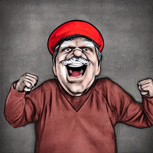 Image similar to a hilarious grumpy old man wearing a funny hat and has the expression of screaming and yelling, shaking his fist at those darn kids again! Digital art, humorous