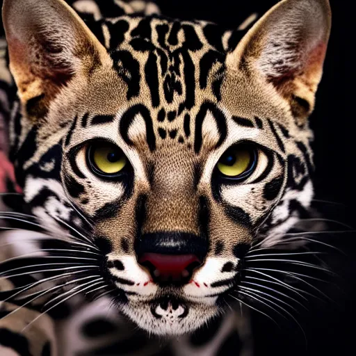 Image similar to profile shot of a black and red ocelot with black background, high contrast, octane render, 4k