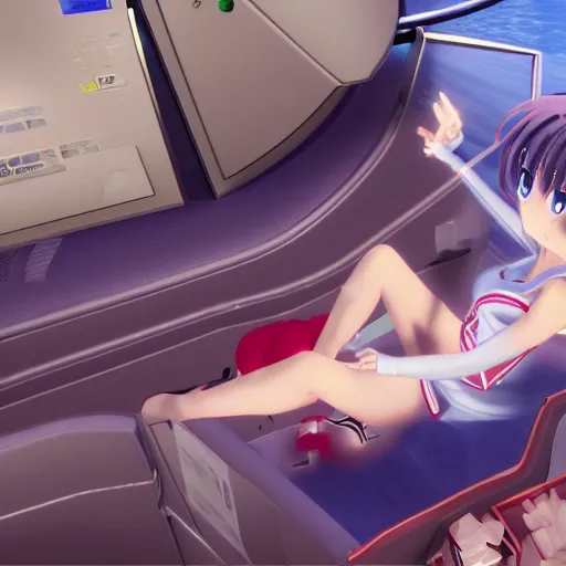 Prompt: screenshot from a 3 d video game about anime girls with the body of an airplane