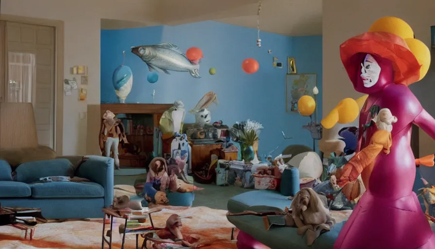 Image similar to movie still by alejandro jodorowsky of a beautiful day in a family living room in suburban usa, visible magic energy, dream creature costumes, floating planets, fish, parade floats, cinestill 8 0 0 t eastmancolor technicolor, high quality, very detailed, heavy grain, fine facial features, 8 k, octane render