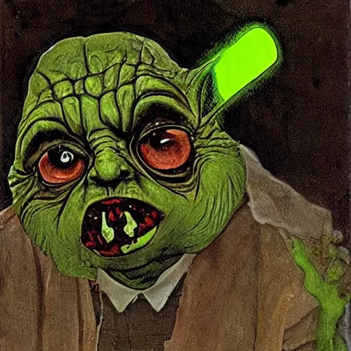 Prompt: zombie yoda, yoda as a zombie, hieronymus bosch, zombified, scary