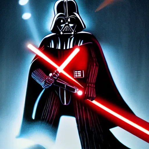 Image similar to Darth Vader with a red lightsabre, destroying his own ship