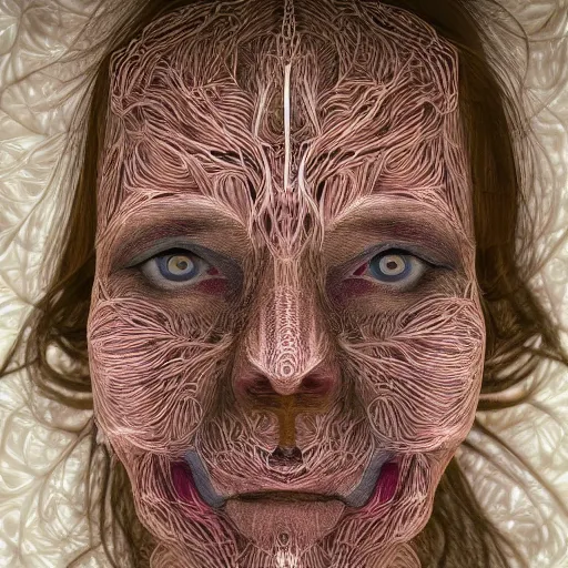 Image similar to beatifull frontal face portrait of a woman, 150 mm, anatomical, flesh, flowers, mandelbrot fractal, facial muscles, veins, arteries, symmetric, intricate