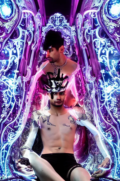 Prompt: full-body rococo and cyberpunk style neon statue of a muscular attractive Zayn Malik macho dotado e rico android sim roupa reclining con las piernas abertas e la piroca dura, glowing white lasers, glowing eyes, silver prince crown, black gears, pink diamonds, swirling mint-colored silk fabric. futuristic elements. ethereal white dripping tar. full-length view. human skulls. large pink balloon animals. intricate artwork by caravaggio. Trending on artstation, octane render, cinematic lighting from the right, hyper realism, octane render, 8k, depth of field, 3D