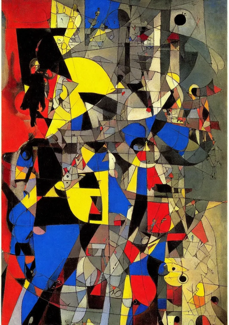 Image similar to a punk latino greek god searching for a watchful light through the streets of a city, complementary color scheme, by george luks, joan miro and moebius