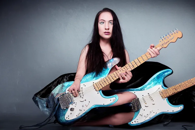 Image similar to mermaid playing an stratocaster electric guitar, photo, studio lighting