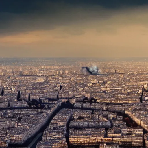 Image similar to a panoramic photo of paris during apocalypse, fire, fumes, 4 k, high quality, artstation