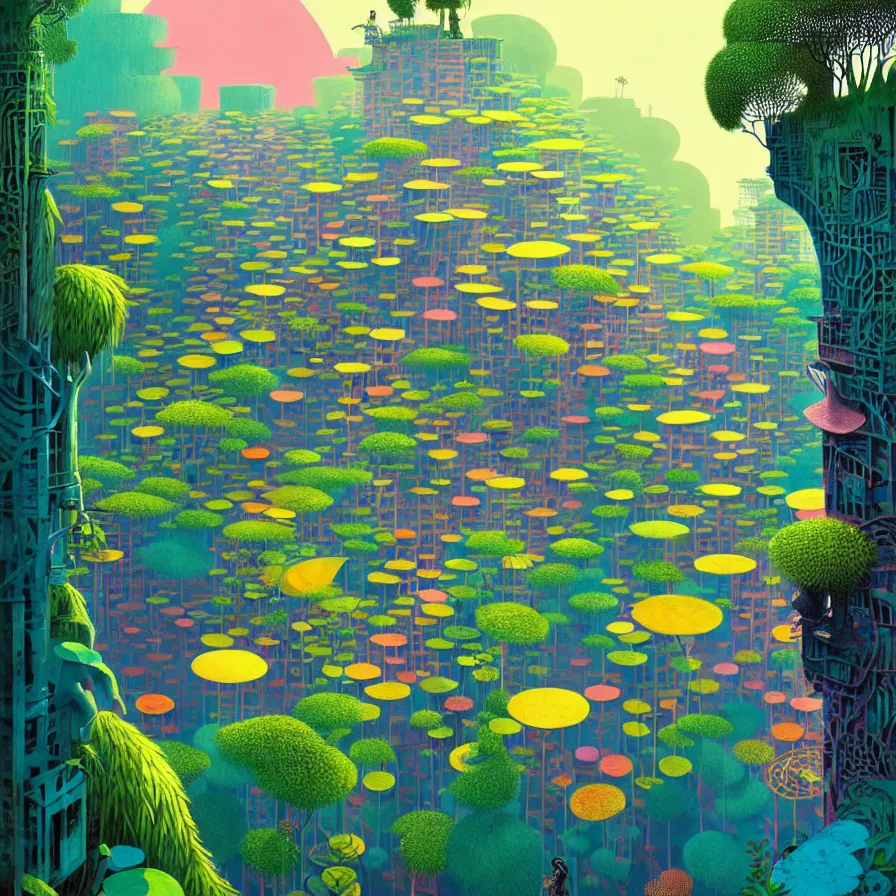 Image similar to surreal gediminas pranckevicius, malaysia jungle, summer morning, very coherent and colorful high contrast art by james gilleard james gurney floralpunk screen printing woodblock, habitat 6 7, dark shadows, pastel color, hard lighting, stippled light, art nouveau, film noir