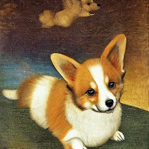 Prompt: corgi dog in cosmos painting, leonardo da vinci style