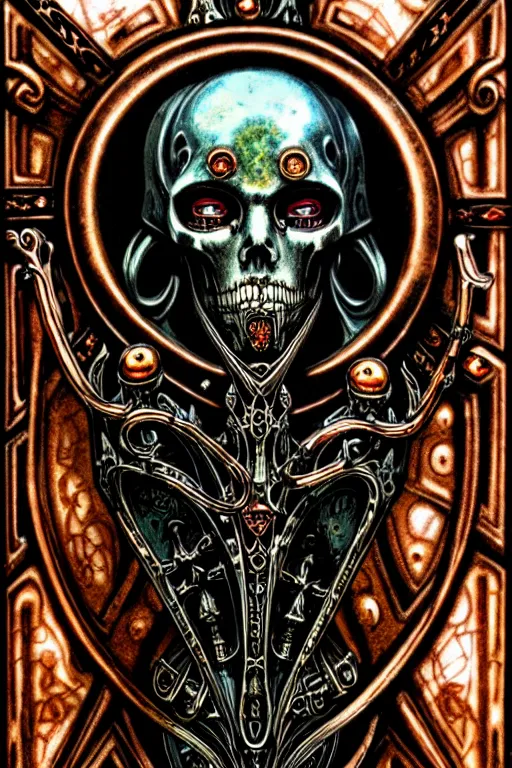 Image similar to steam necropolis, memento mori, gothic, neo - gothic, art nouveau, hyperdetailed copper patina medieval icon, philippe druillet, ralph mcquarrie, concept art, steampunk