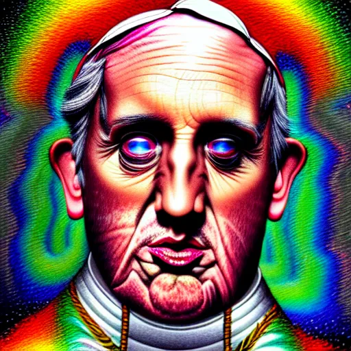 Image similar to an extremely psychedelic portrait of the pope, surreal, lsd, face, detailed, intricate, elegant, lithe, highly detailed, digital painting, artstation, concept art, smooth, sharp focus, illustration