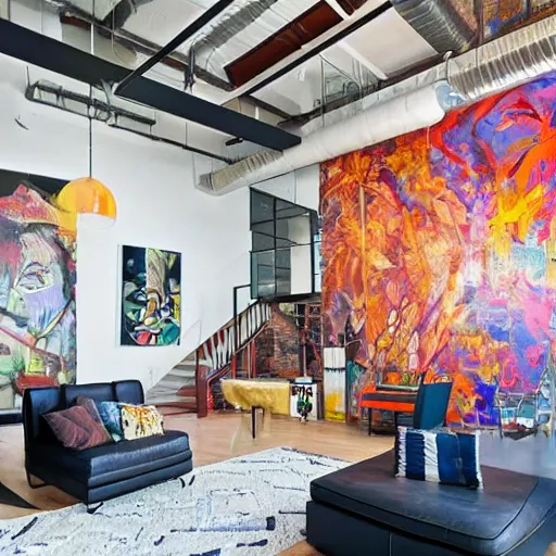 Image similar to trendy downtown loft with modern murals on the wall, contemporary art, and patterns, interior design, beautiful architecture