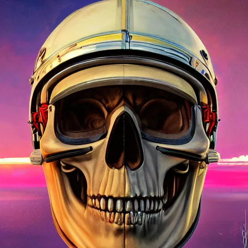 Image similar to a portrait of an anthropomorphic vintage skull in a racing helmet by sandra chevrier, detailed render, epic composition, cybernetics, 4 k realistic, cryengine, realistic shaded lighting, sharp focus, masterpiece, by matteo scalera, gary montalbano, peter elson in the style of the tokyo ghost comic