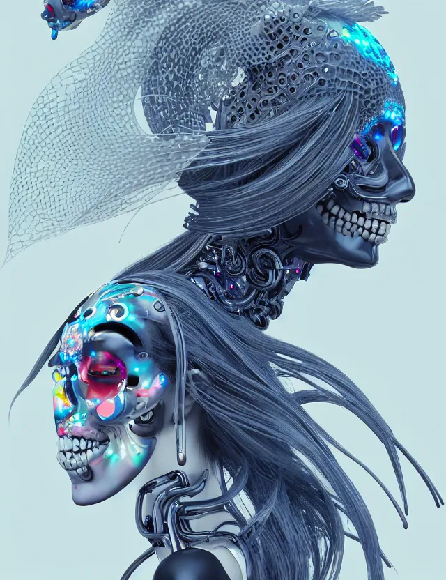 Image similar to 3 d goddess close - up profile simple portrait cybernetic with skull. beautiful intricately detailed japanese crow kitsune mask and clasical japanese kimono. betta fish, jellyfish phoenix, bio luminescent, plasma, ice, water, wind, creature, artwork by tooth wu and wlop and beeple and greg rutkowski