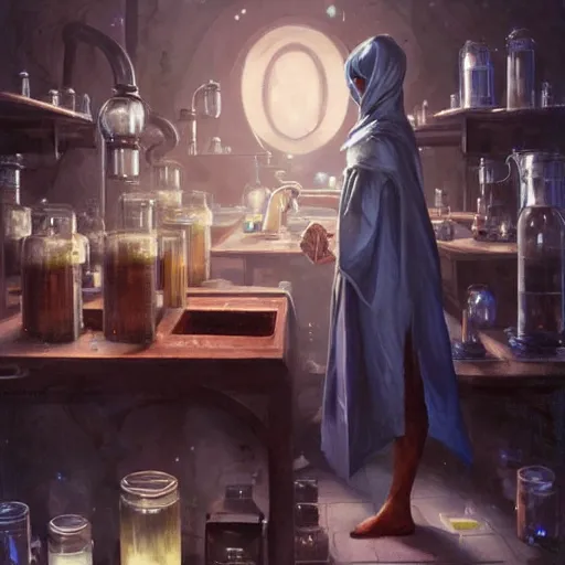 Image similar to dark elf dressed as alchemist working in laboratory, oil painting, by Greg Rutkowski