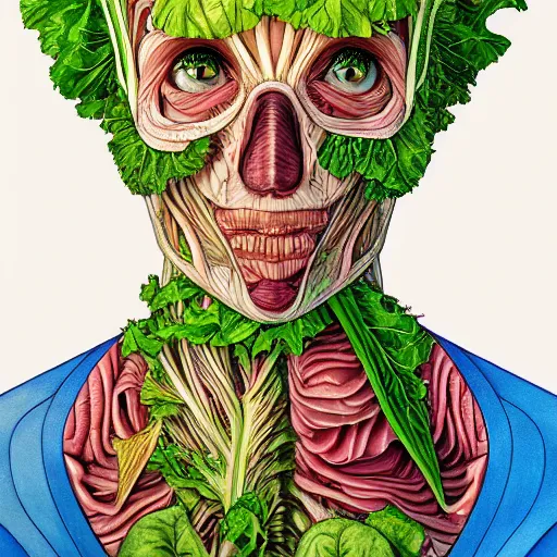 Image similar to the anatomy of a head of lettuce that looks like a pretty and handsome girl, an ultrafine detailed painting by james jean, intricate linework, bright colors, studio ghibli, behance contest winner, vanitas, angular, altermodern, unreal engine