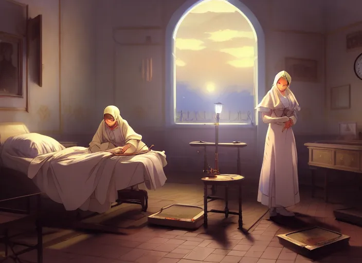 Image similar to 1 8 5 4 crimea, florence nightingale holding lamp, army hospital in scutari at night, wounded patients in beds on both sides of hospital ward, finely detailed perfect art, painted by greg rutkowski makoto shinkai takashi takeuchi studio ghibli