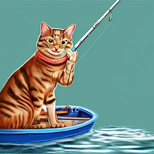 Image similar to a cat holding a fishing pole while fishing in a boat; vivid; digital art; artstation; award winning