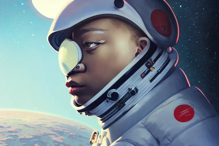 Image similar to portrait of cl rapper in a spacesuit frowning, moon base with earth in the night sky, artgerm, ilya kuvshinov, krenz cushart, ruan jia, realism, ultra detailed, 8 k resolution