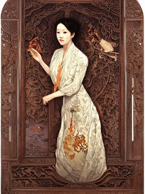 Image similar to an art nouveau head and shoulders portrait oil painting of a pretty young zhang ziyi, dressed in a traditional, modest chinese intricately embroidered silk gown with a high collar, in front of a carved screen showing a tiger and a dragon, intricate, detailed, smooth, complex, elaborate, by alphonse mucha and james gurney and john william waterhouse