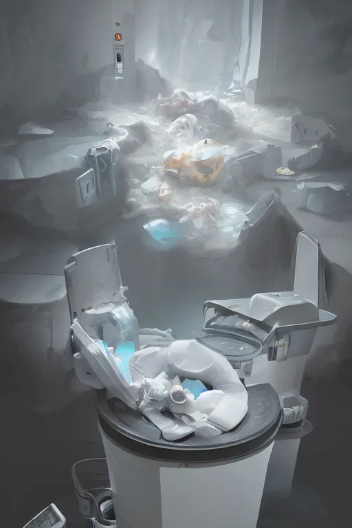 Image similar to Diaper Disposal Machine, Overflowing, digital art, fantasy, trending on artstation, professional illustration, cgsociety, ultra detailed, volumetric lighting